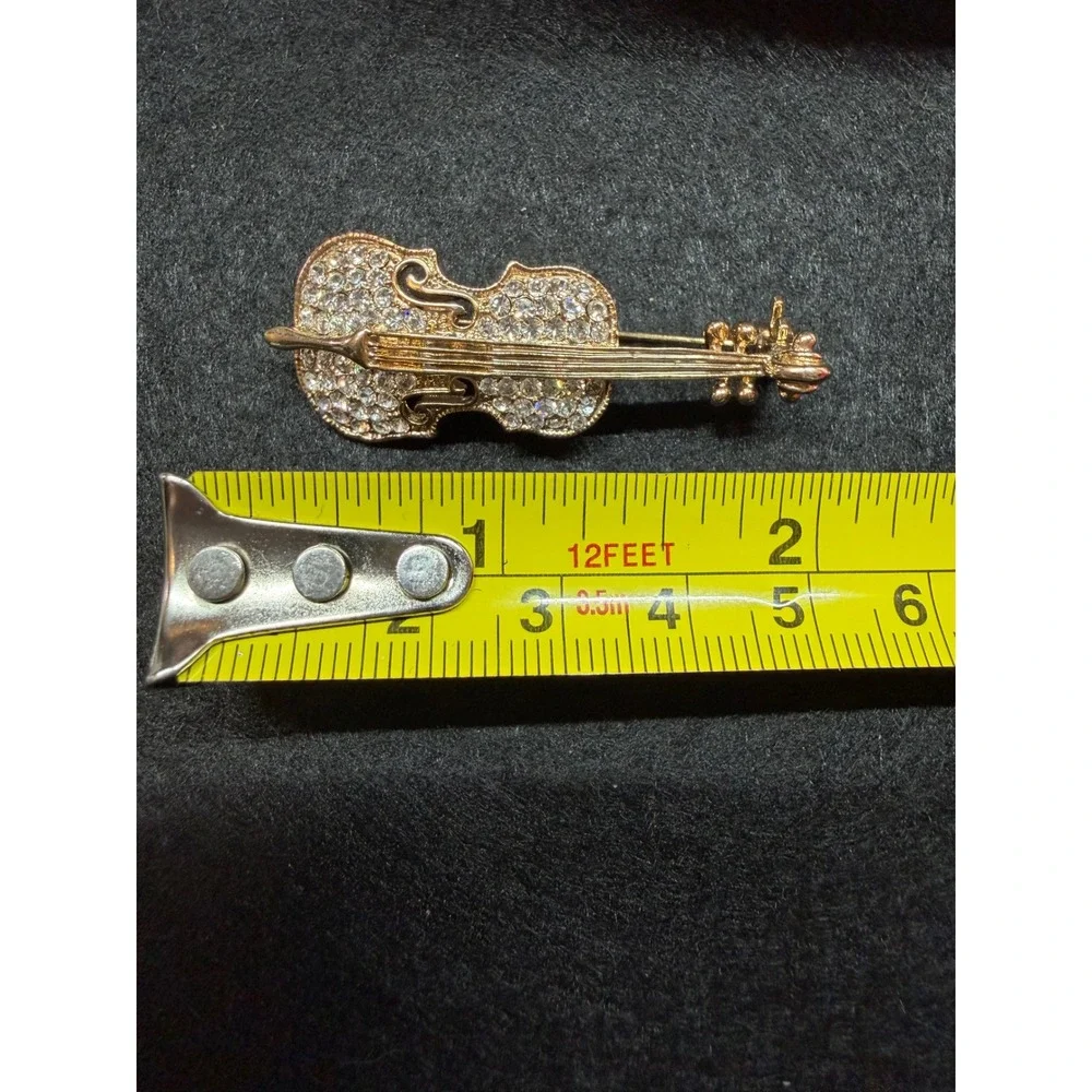 Violin Brooch Pin Small Gold Rhinestone Musical Instrument Jewelry